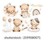 Watercolor Illustration Set of Sleepy Bears and Sky Elements