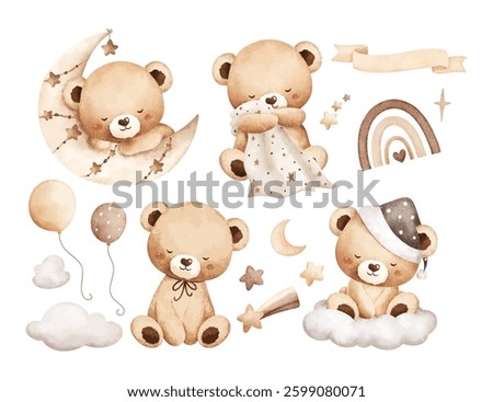Watercolor Illustration Set of Sleepy Bears and Sky Elements