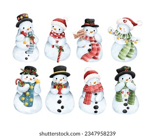 Watercolor illustration set of Snowman