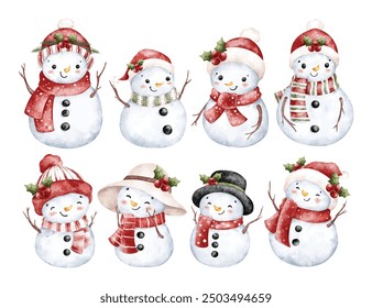 Watercolor Illustration Set of Snowman