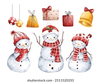 Watercolor Illustration Set of Snowman and Christmas Elements