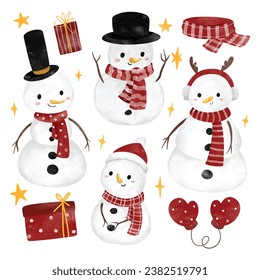 Watercolor Illustration set of Snowman and gifts