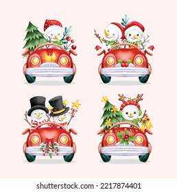 Watercolor Illustration set of snowman riding red car