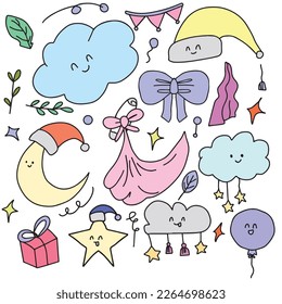 Watercolor Illustration set of star moon sky and baby shower element. pink element