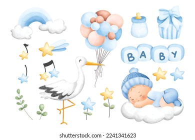 Watercolor Illustration set of Stork and baby boy