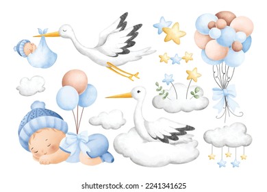 Watercolor Illustration set of Stork and baby boy
