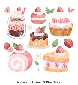 Watercolor Illustration set of Strawberry Cake and Dessert