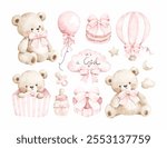 Watercolor Illustration Set of Teddy Bear Nursery Theme and Baby Shower Elements