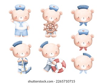 Aquarellfarben-Illustrationsset Teddy Bear the Sailor