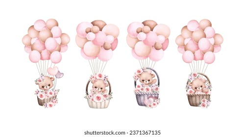 Watercolor illustration set of Teddy bear and balloons