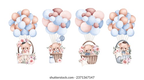 Watercolor illustration set of Teddy bear and balloons