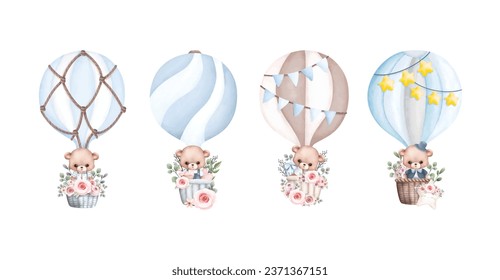 Watercolor illustration set of Teddy bear in Hot air balloon