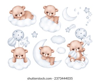 Aquarellfarben-Illustrationsset für Teddybär auf der Wolke