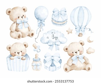 Conjunto de ilustración de acuarela de temática de vivero de oso de peluche y Elementos de ducha para bebés