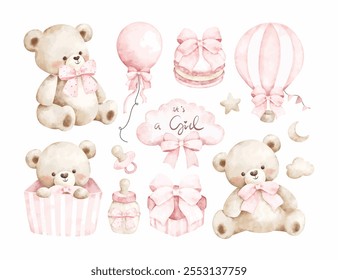 Conjunto de Ilustração Aquarela de Teddy Bear Nursery Theme e Baby Duche Elementos