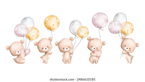 Acuarela Ilustración Conjunto de Osos de Peluche y Globos