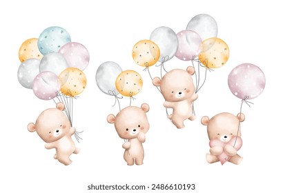 Acuarela Ilustración Conjunto de Osos de Peluche y Globos