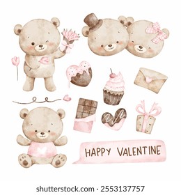 Conjunto de ilustración de acuarela de ositos de peluche y Elementos de San Valentín