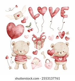 Conjunto de ilustración de acuarela de ositos de peluche y Elementos de San Valentín