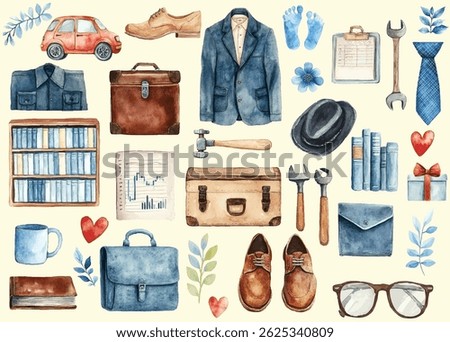 Watercolor illustration set themed for Father's Day. Includes men's clothing, tools, briefcases, books, gifts, and daily items. Ideal for holiday cards, gift designs, and family-themed materials.