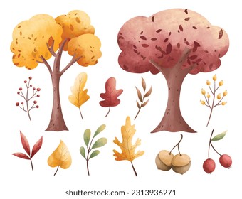 Watercolor illustration set of Tree and autumn leaves