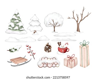 Watercolor Illustration set of tree snow and winter elements