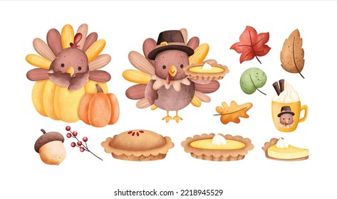 Watercolor Illustration. Set of turkey. Happy Thanksgiving. Pumpkin pie.