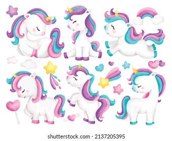 Watercolor illustration set of Unicorn and cute elements 