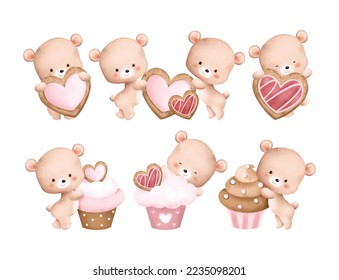 Watercolor Illustration set of Valentine bear with cupcake and cookie