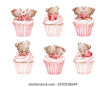 Conjunto de ilustración de acuarela de cupcake de San Valentín con osos de peluche