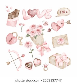 Watercolor Illustration Set of Valentine Elements
