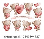 Watercolor Illustration Set of Valentine Teddy Bear and Red Heart