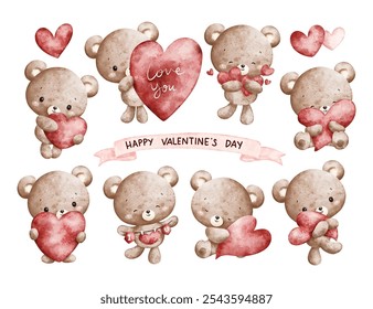 Watercolor Illustration Set of Valentine Teddy Bear and Red Heart