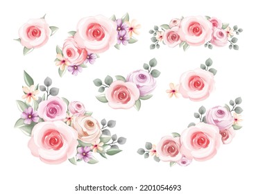 Watercolor Illustration set of  vintage flower wreath