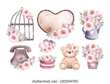 Watercolor Illustration set of vintage love elements