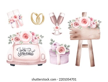 Aquarellfarben Illustration Set von Vintage-Hochzeitselementen