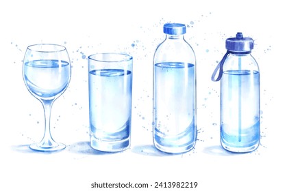 Conjunto de ilustraciones de acuarela de botellas de agua y gafas