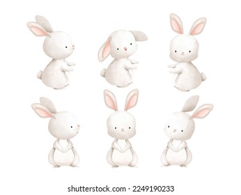 Watercolor Illustration. Set of White Rabbit