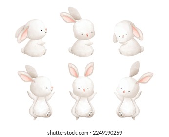 Watercolor Illustration. Set of White Rabbit