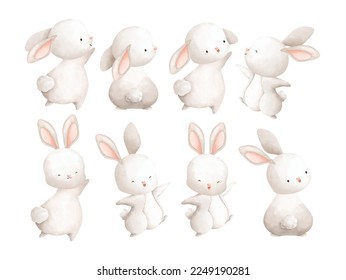 Watercolor Illustration. Set of White Rabbit