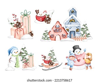 Watercolor illustration set of winter season clipart