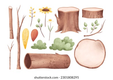 Watercolor Illustration set of wood leaves and nature elements