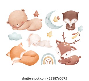 Watercolor illustration set of wooden animals sleep with stars moon and rainbow