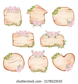 Watercolor illustration set of wooden board and flower wreath