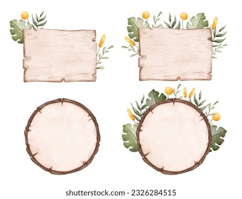 Watercolor Illustration set of wooden board with tropical leaves