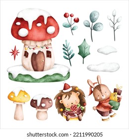 Watercolor Illustration set of woodland animals and christmas decoration