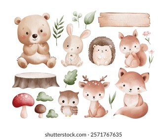 Watercolor Illustration Set of Woodland Animals and Nature Elements