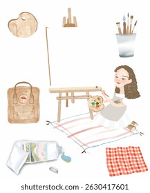 A watercolor illustration set of a young female artist drawing at her desk, with art supplies like pencils, sketchbooks, brushes, and inspiration boards. 
