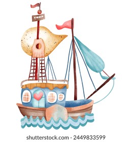 Watercolor illustration of a ship with a red heart and a sail
