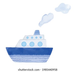 Watercolor illustration of ship, sea image